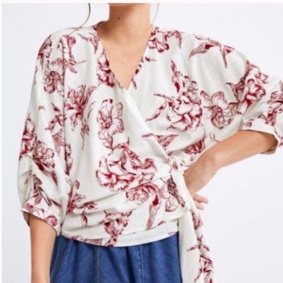 Zara floral linen blend wrap top -Size xs - Picture 6 of 12